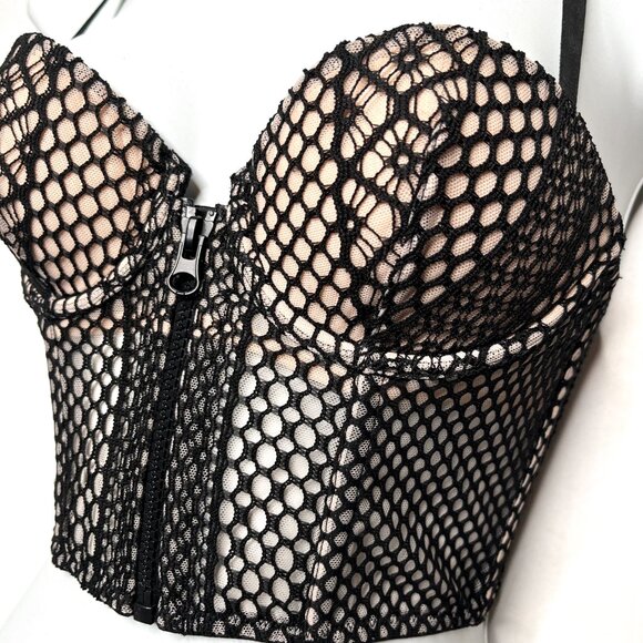 Victorias Secret Bustier Size 32B Black Nude Fishnet Very Sexy Lace Balconet Bra - Picture 3 of 9
